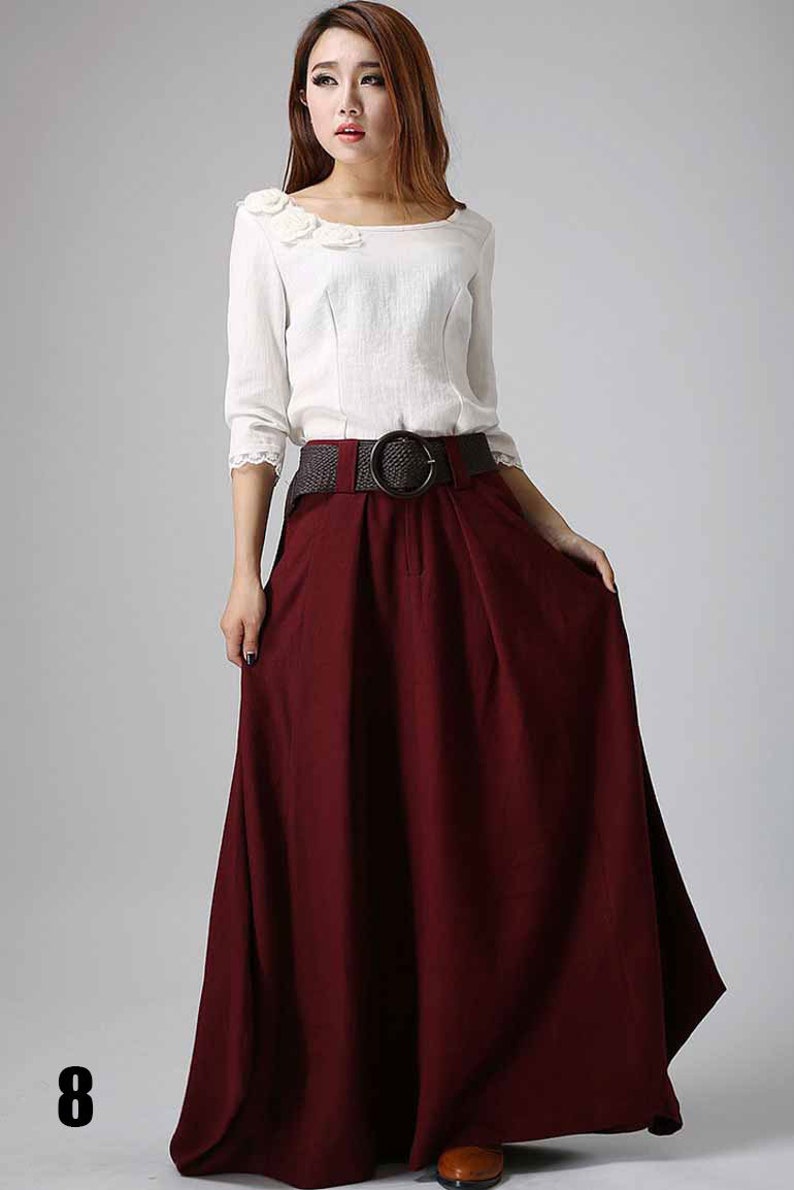 Linen Maxi skirt with big pockets, swing Long Linen Skirt for women, Asymmetrical skirt, brown skirt, casual skirt, custom skirt 0905 8- Burgundy-910