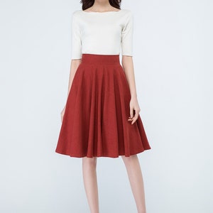 1950s Red Linen Full Circle Skirt, High Waisted Skater Skirt, A Line Midi skirt with Pockets, Flared Swing Skirt, Women's Pleated Skirt 1689 image 2