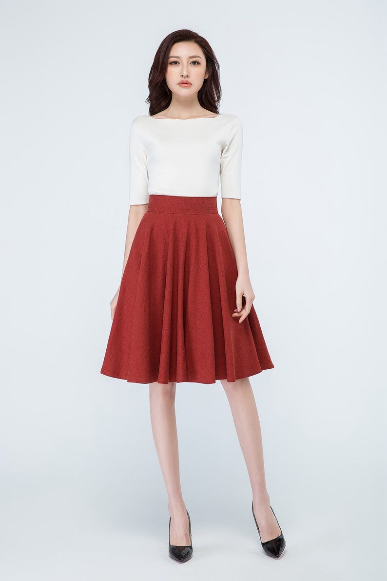 1950s Red Linen Full Circle Skirt, High Waisted Skater Skirt, A Line Midi skirt with Pockets, Flared Swing Skirt, Women's Pleated Skirt 1689 image 2