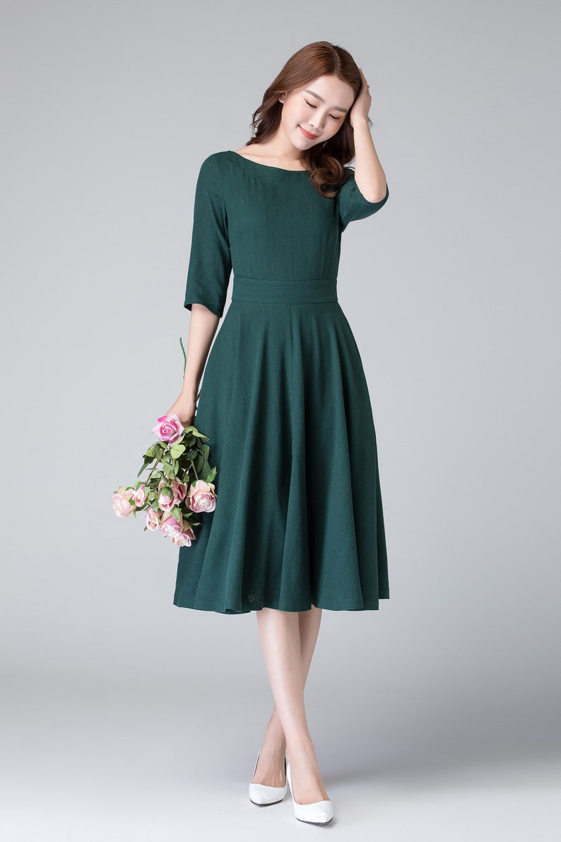 Modest Midi dress, Half Sleeve Linen Swing dress, Womens dress, fit and flare dress, House dress with pockets, Party dress 1903 image 4