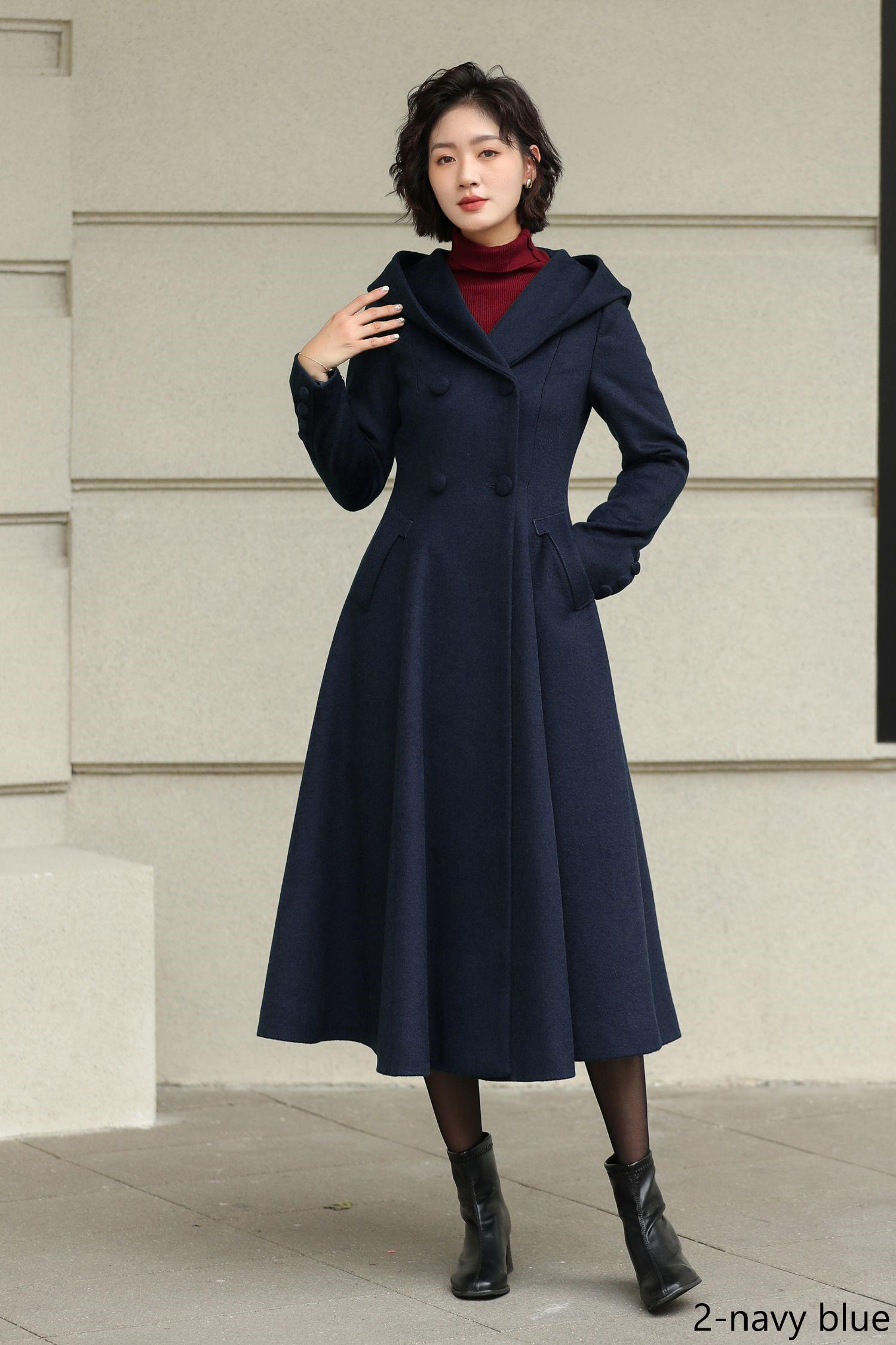 Green Hooded Trench Coat: Fit and Flare Mid-calf Swinging Coat