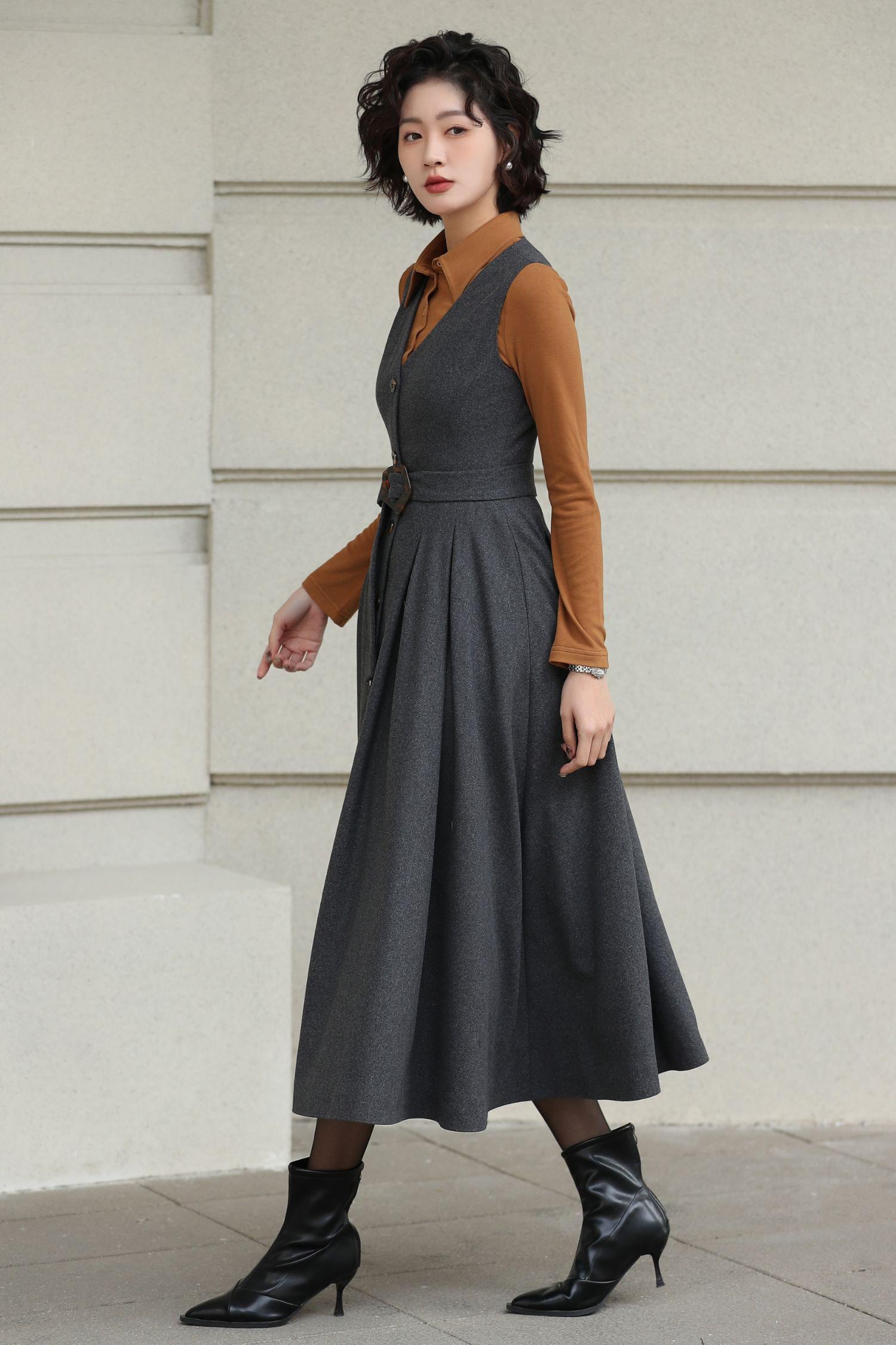 Gray Wool-blend Pinafore Dress: Vintage Style Sleeveless A-line Winter Dress, Custom, Xiaolizi 6614
