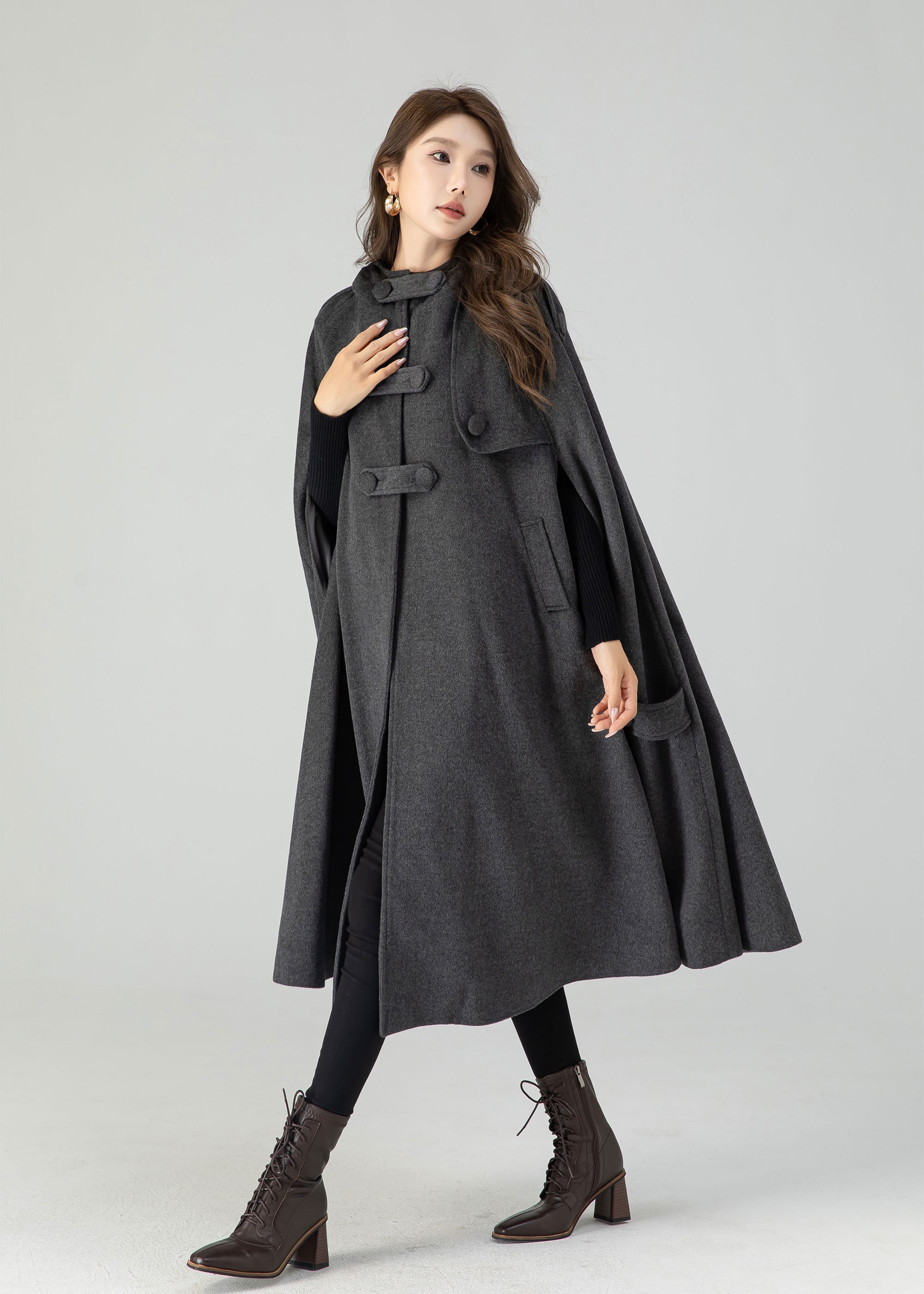 Dark Gray Wool Cape Coat for Women, Plus Size Wool Cape Coat