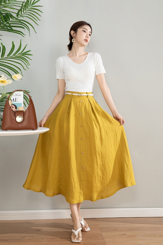 Falda de lino amarillo, falda midi de lino para mujer, falda delantera con  botones, falda de línea A, falda de talla grande, falda de verano con  bolsillos, Xiaolizi 4201 -  México