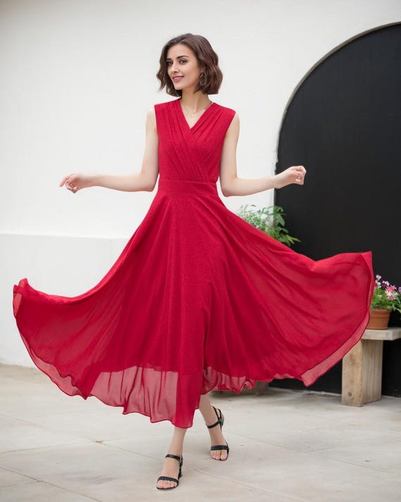 Chiffon Flattering Summer Ethereal Red Dress Chiffon Flattering Summer Ethereal Red Dress