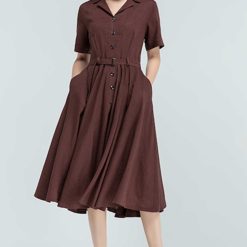 50s inspired shirtwaist dress, short sleeve Cotton Linen swing dress, Summer women Button front dress, Custom day dress, picnic dress 2382# 50s inspired shirtwaist dress, short sleeve Cotton Linen swing dress, Summer women Button front dress, Custom day dress, picnic dress 2382#