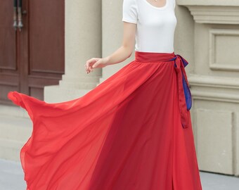 Chiffon Maxi Skirt Women, Red and Blue Chiffon Skirt, Swing