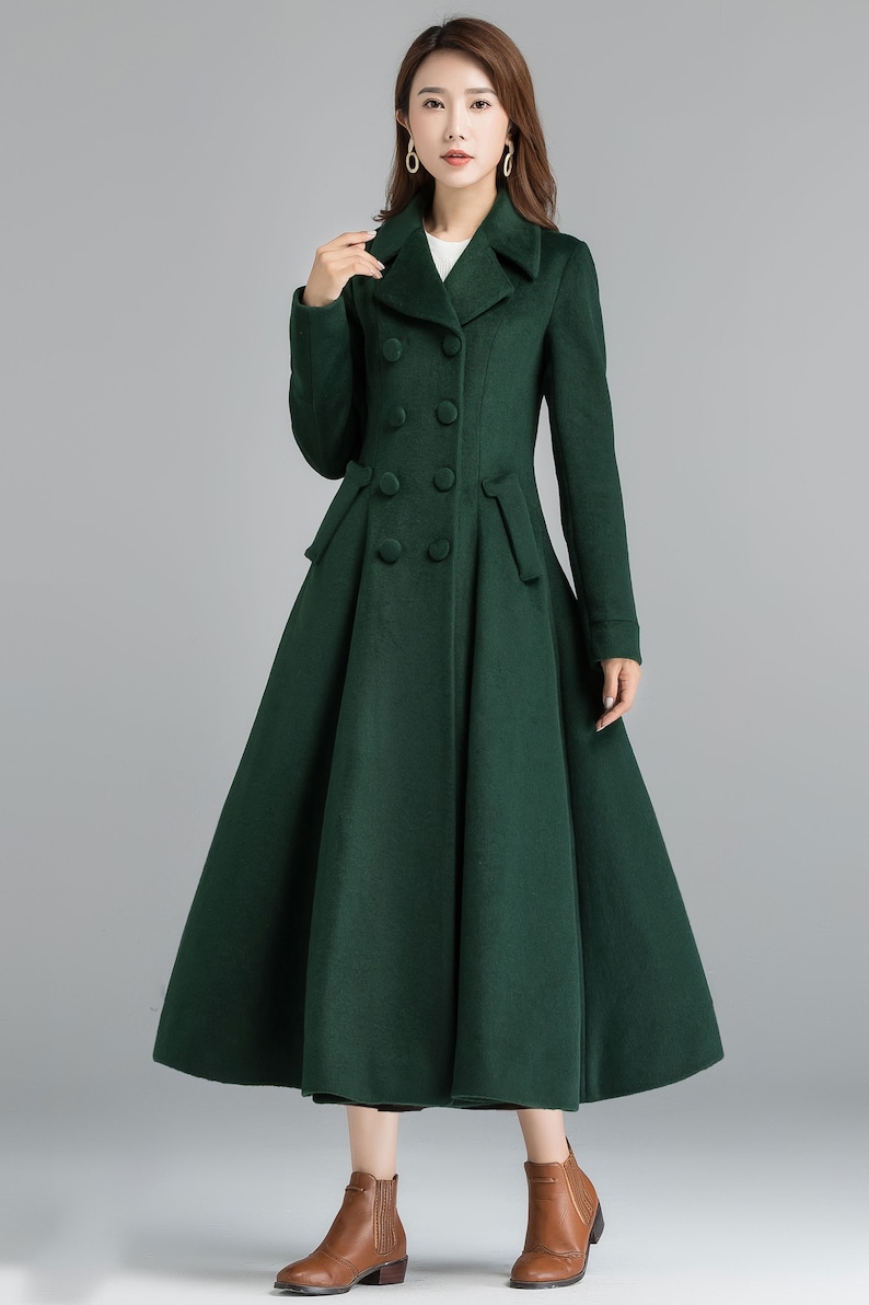 Vintage inspired wool green coat, Long wool coat, Winter coat women, Wool coat women, Double breasted wool coat, Custom coat, Xiaolizi 2398 image 5