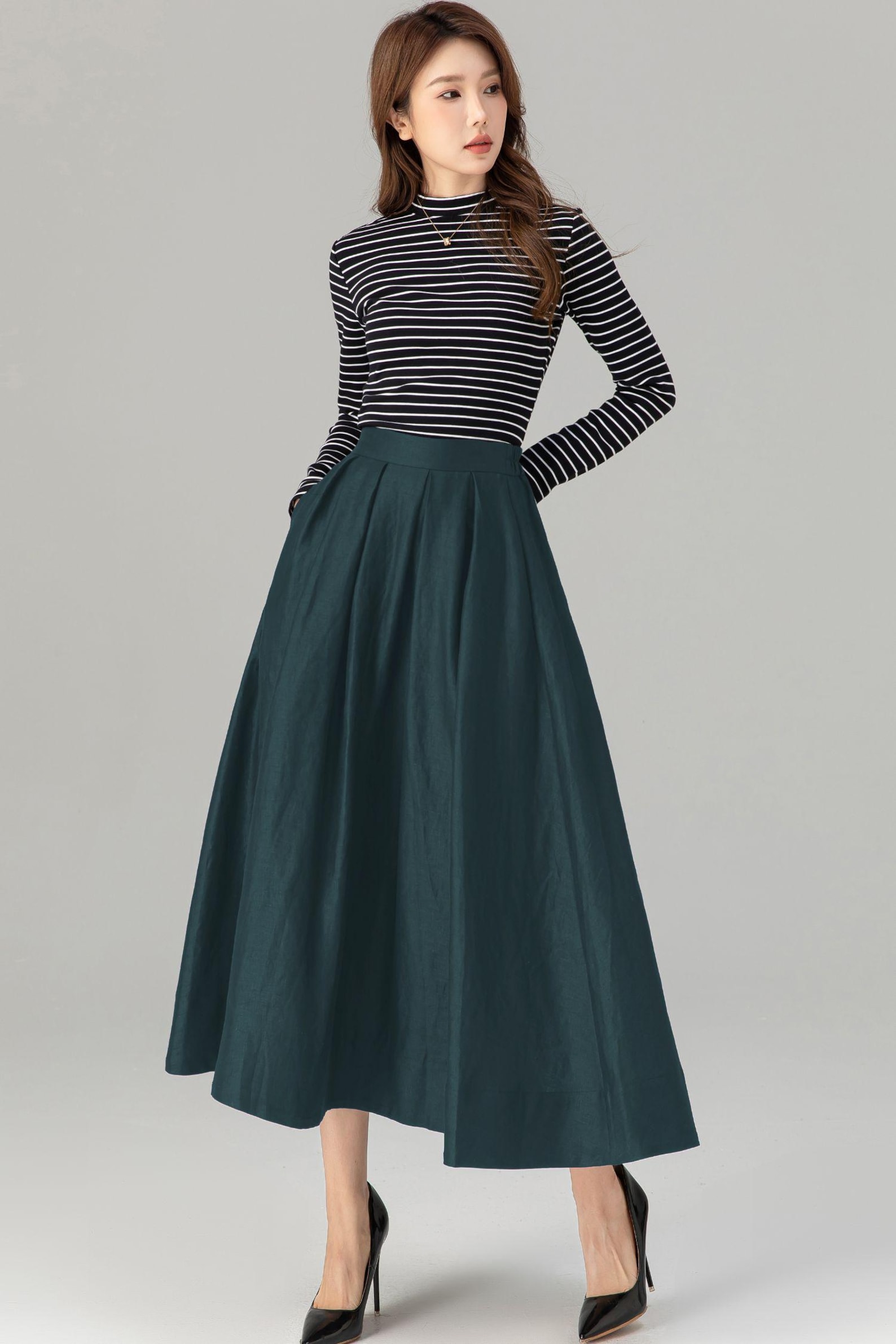Fall Autumn Black Linen Skirt Long Linen Skirt Linen Midi Skirt A fall-autumn-black-linen-skirt-long-linen-skirt-linen-midi-skirt-a