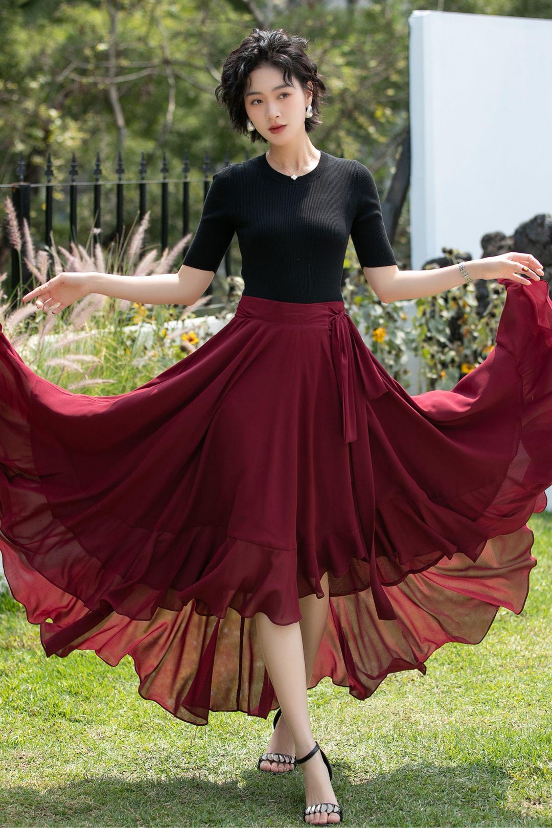 専用3 Burgundy Chiffon Wrap Skirt: Asymmetrical Ruffle Hem Midi Skirt