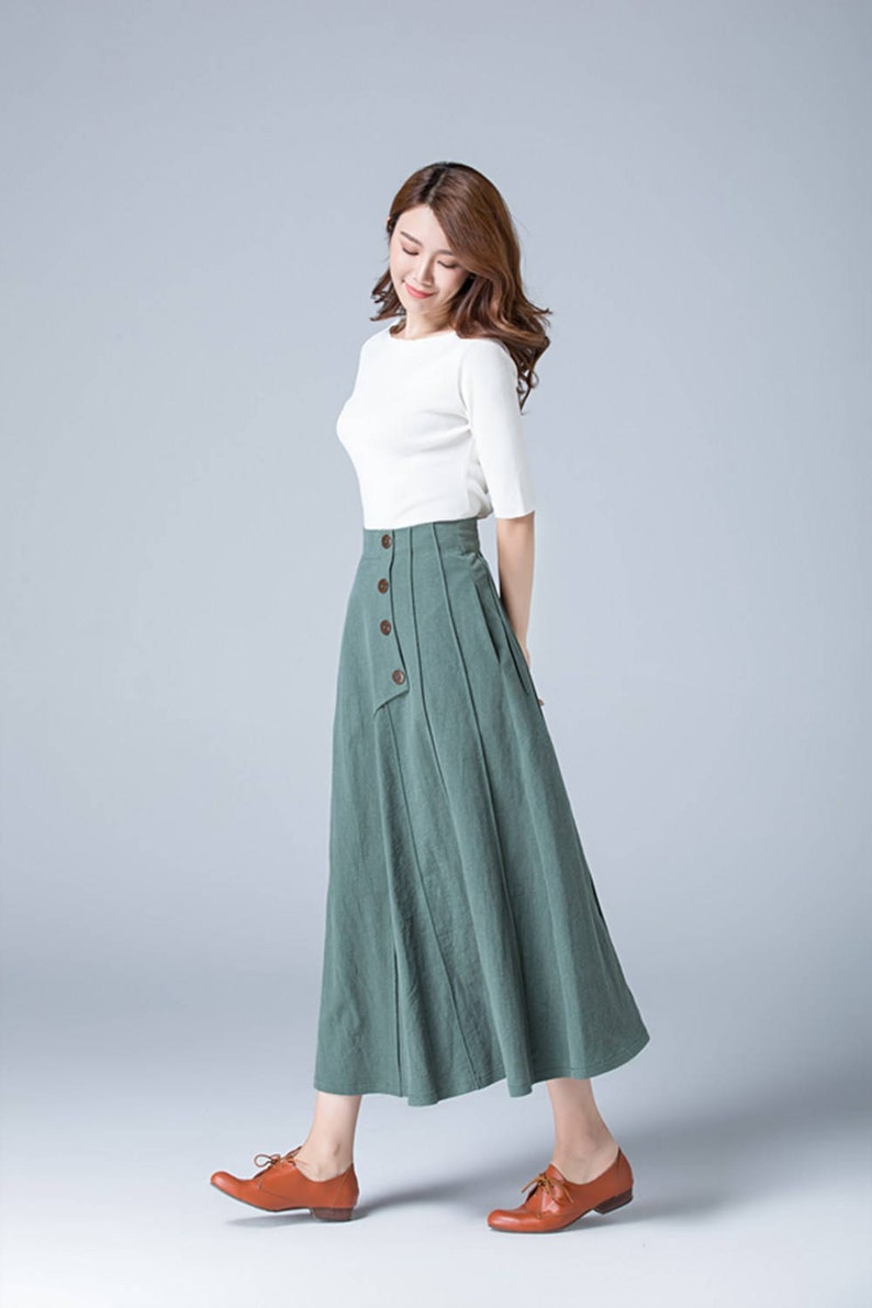 Green Skirt Linen Skirt Full Skirt Casual Skirt Button - Etsy