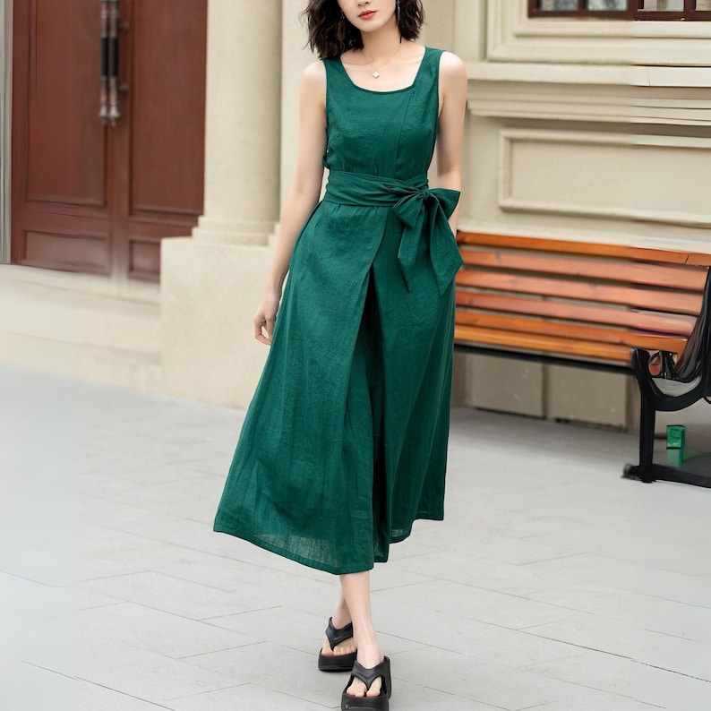 Summer Linen Dress, Green Sleeveless dress, Casual Linen Midi Dress, Belted Linen dress with pockets, Plus size dress, custom dress 4968 Green