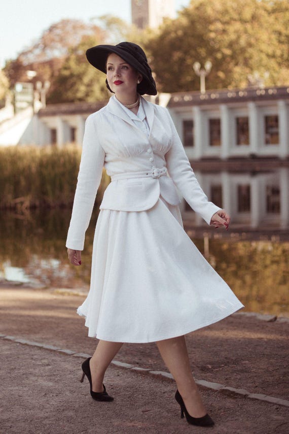 winter white dress suits White Wool Two Piece Set – Handmade Vintage Tailored Blazer and Midi Skirt Suit for Women 6540,White,M