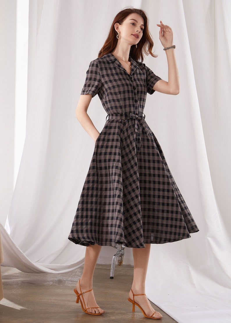 Checked Linen Shirt Dress, Women's Spring Summer Belted Shirtwaist Dress, Linen Midi Dress Women, Fit and Flare Dress, Xiaolizi 3377 image 3