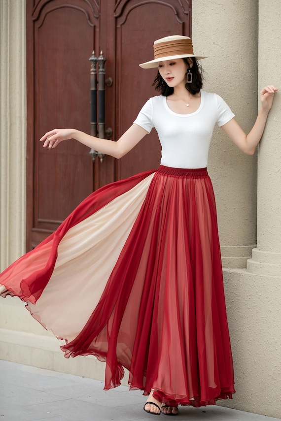 Red Long Chiffon Maxi Skirt Women, Swing Full Circle Skirt
