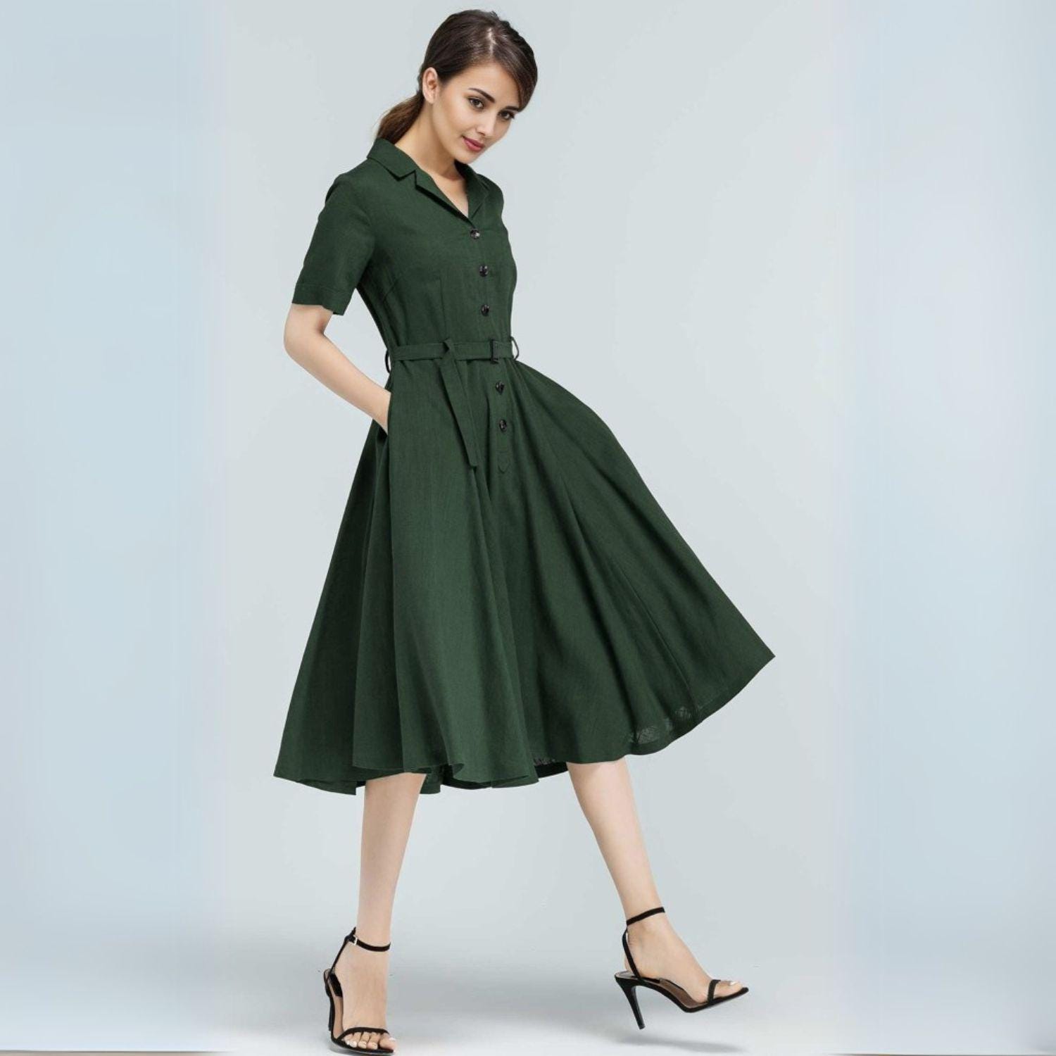green emerald velvet dress Green Button Up Shirt Dress main image 0