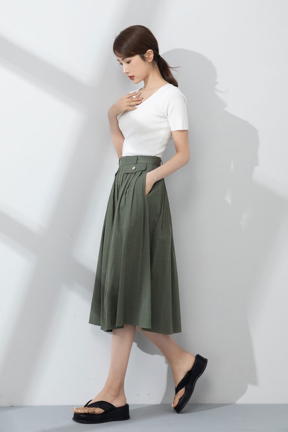 Green pleated linen skirt for women summer 4232 Green pleated linen skirt for women summer 4232
