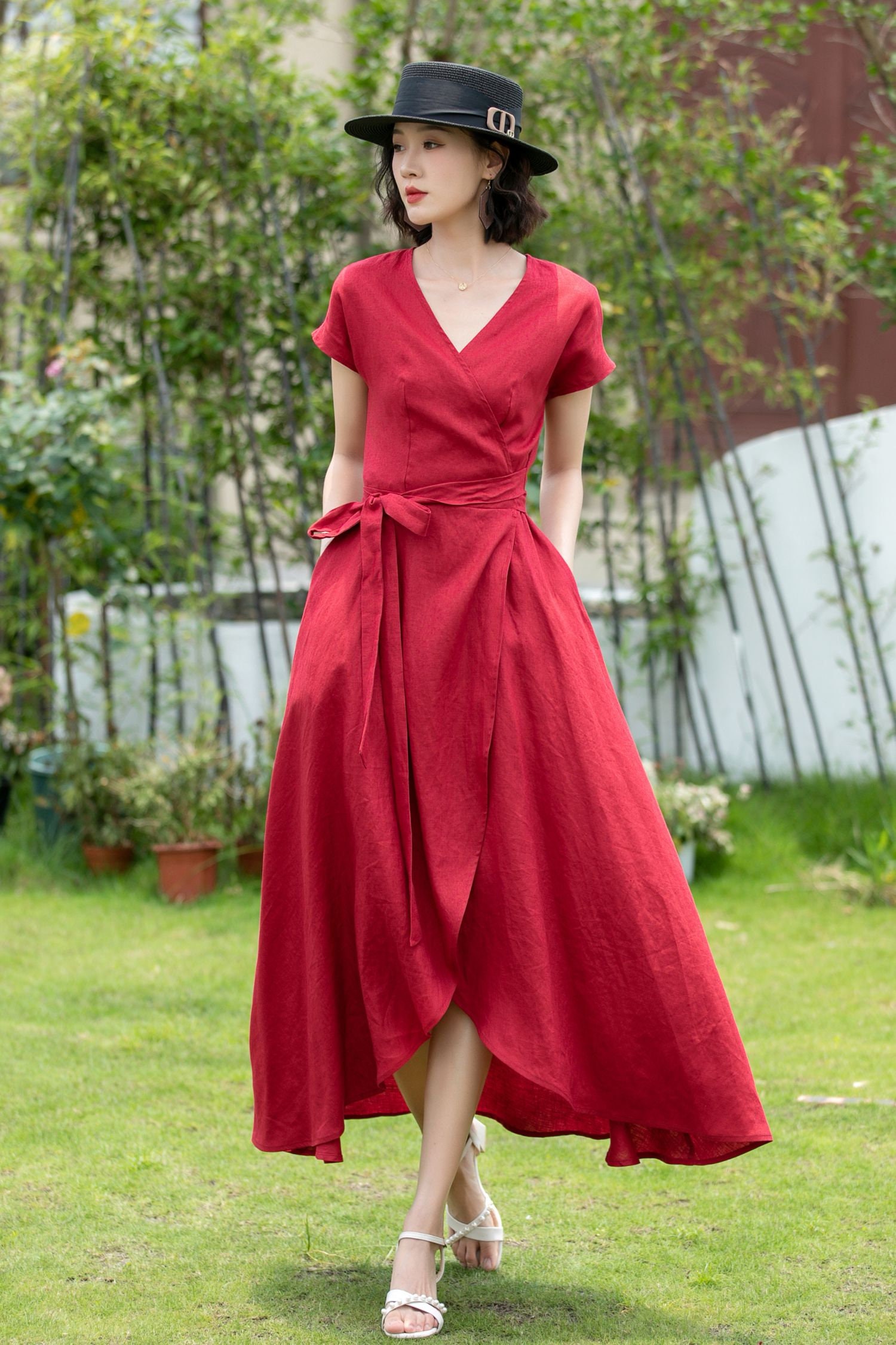 Linen Summer Midi Dress | Xs Orange Wrap Women Handmade by Xiaolizi