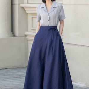 Green Swing Linen Skirt, Wrap linen skirt, Linen Midi Skirt, Linen Skirt with Pockets, A Line Skirt, Spring Custom Skirt, Xiaolizi 4269 2-blue