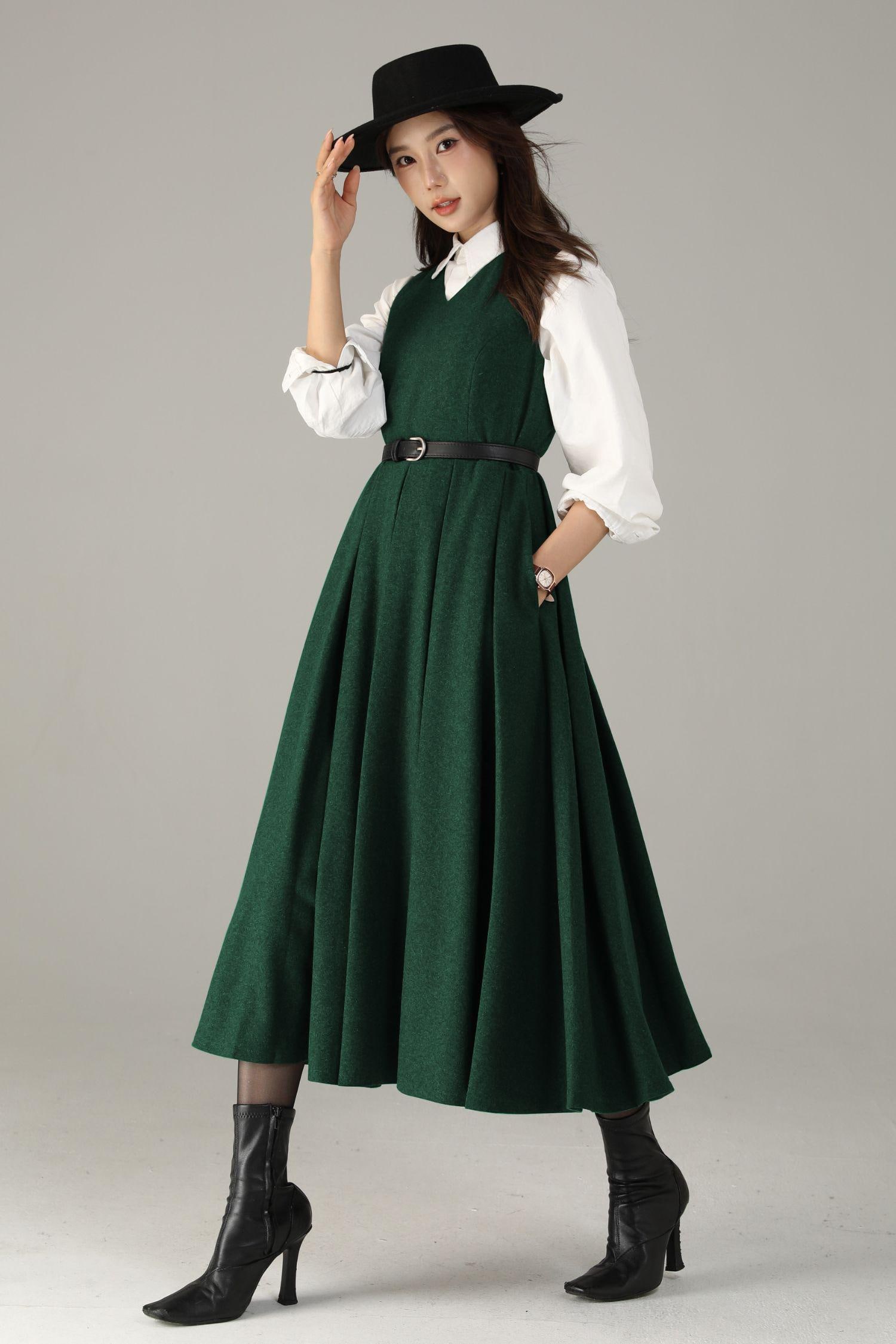 Dark Green Wool Midi Dress: Sleeveless Pleated A-line Pinafore
