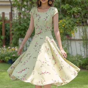 Vintage 1950s Floral linen Dress, Wedding guest dress, fitted midi dress, 50s bridesmaid fit and flare dress, Bohemian swing dress 4405#
