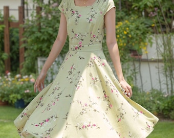 Vintage 1950s Floral linen Dress, Wedding guest dress, fitted midi dress, 50s bridesmaid fit and flare dress, Bohemian swing dress 4405#