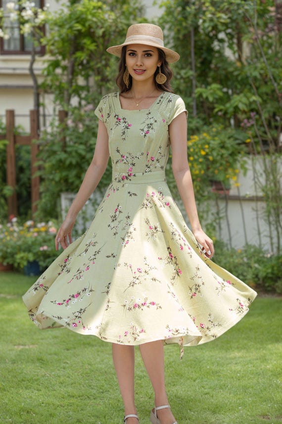 Vintage 1950s Floral Linen Dress, Wedding Guest Dress, Fitted Midi