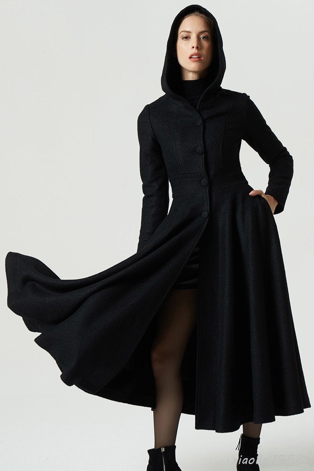 Long wool coat maxi coat black coat dress coat hooded | Etsy