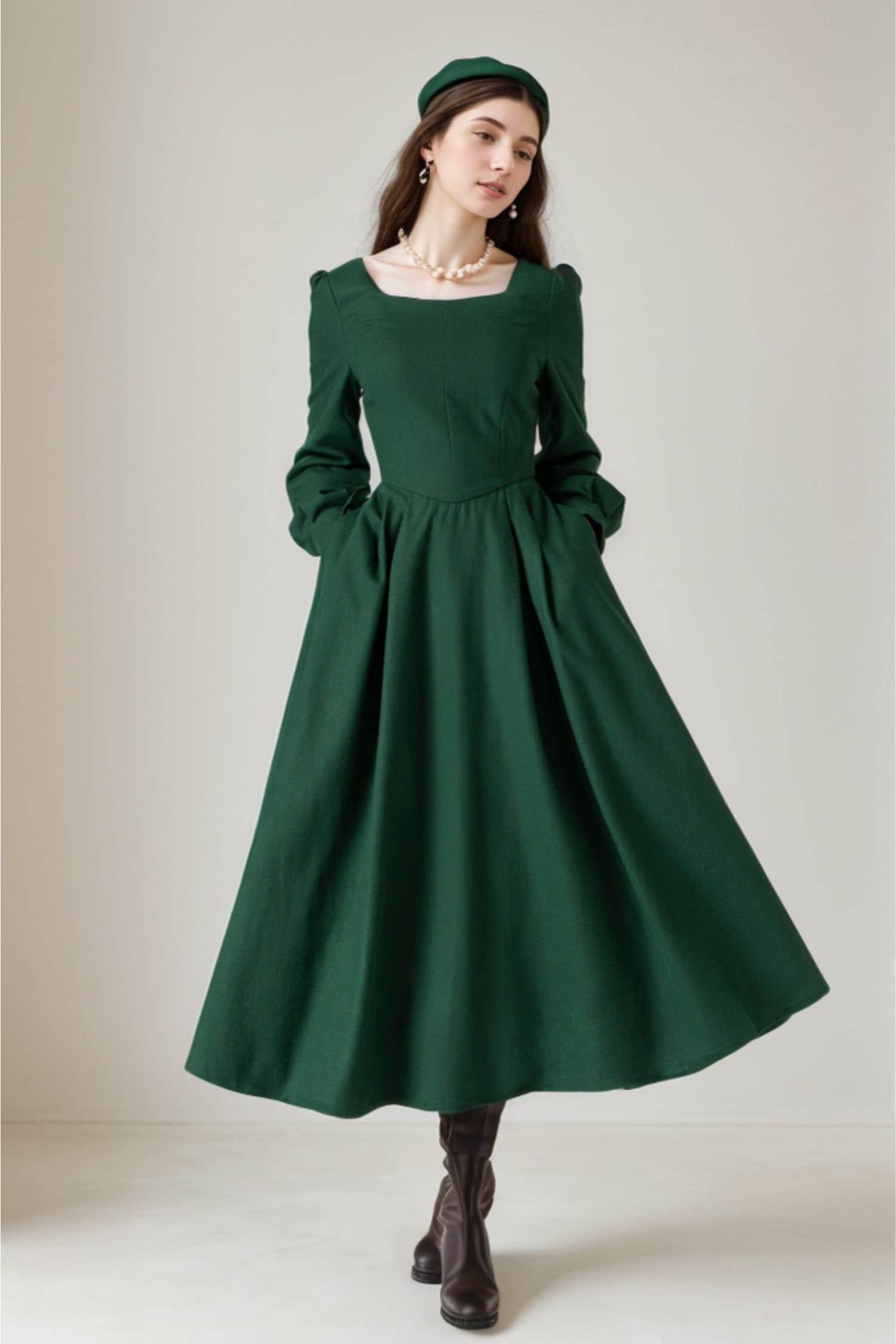 Abito Donna Autunnale Con Tasche, Maniche Lunghe, Scollo A V, Lunghezza Al Ginocchio, Verde Taglia L (42-44), In Misto Elastan - 2