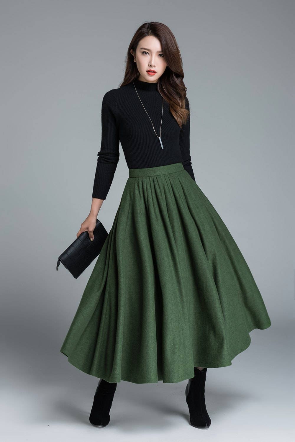 green wool skirt winter skirt pleated skirt full skirt | Etsy