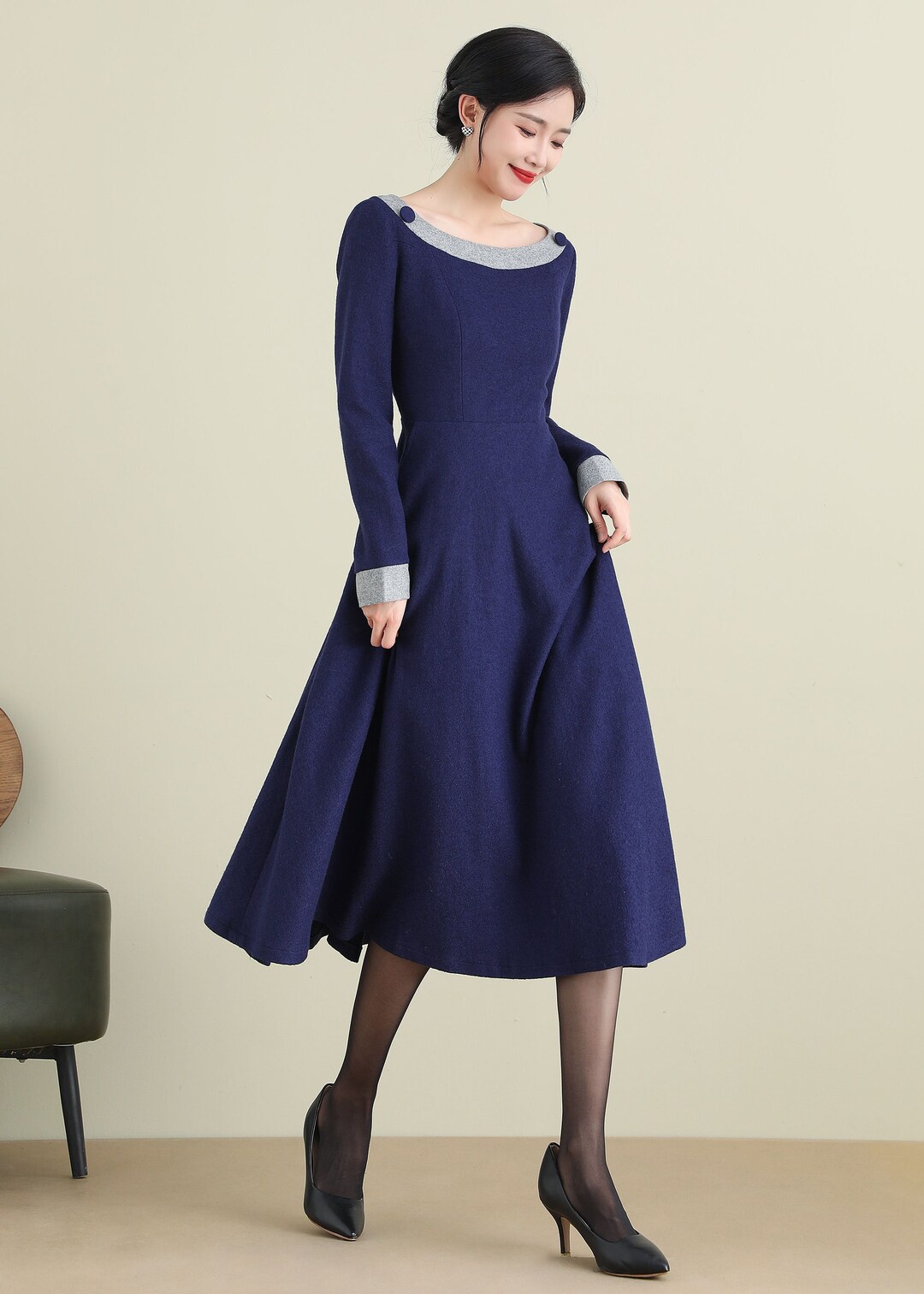 Wool Dress, Blue Wool Dress, Midi Dress, Aline Dress, Autumn Winter