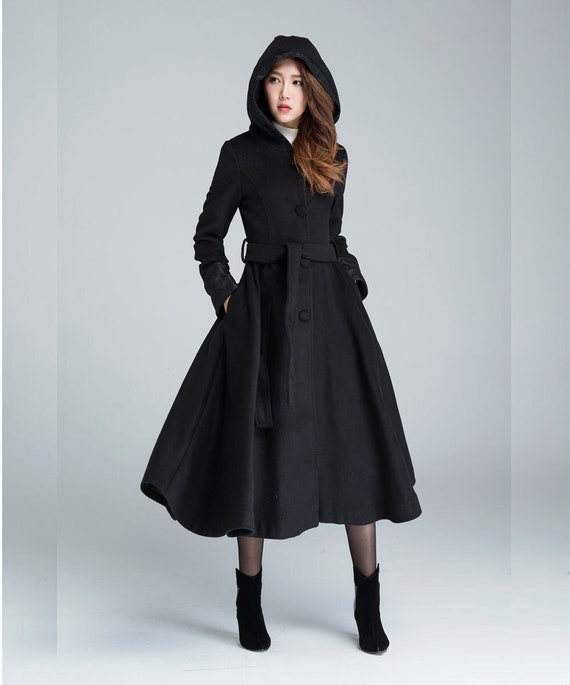 Vintage Inspired Black Swing Hooded Wool Coat, Long Wool Vintage Inspired Black Swing Hooded Wool Coat, Long Wool