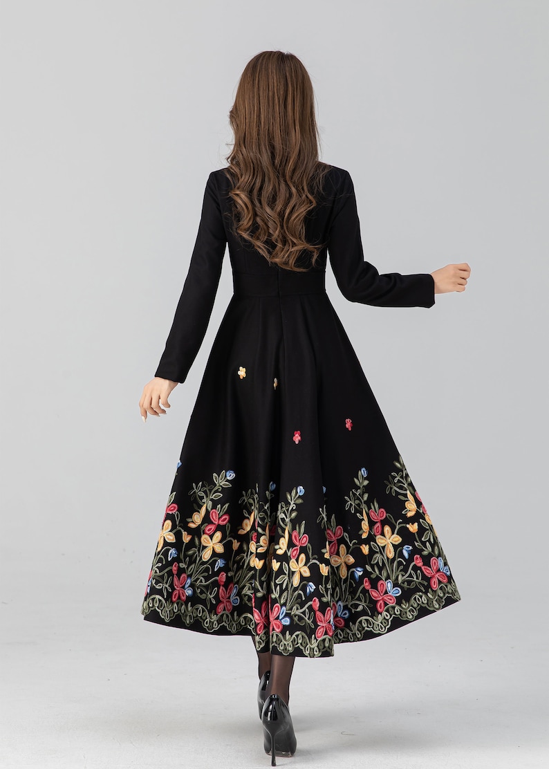 Midi wool dress, Black embroidered dress, Long sleeve wool dress, Fit and flare dress, Swing winter dress, Custom dress, Xiaolizi 4663 image 5