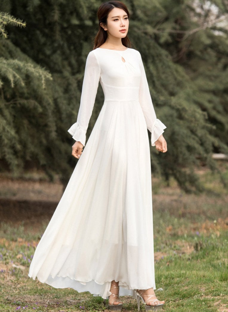 White chiffon maxi dress with sleeves sales