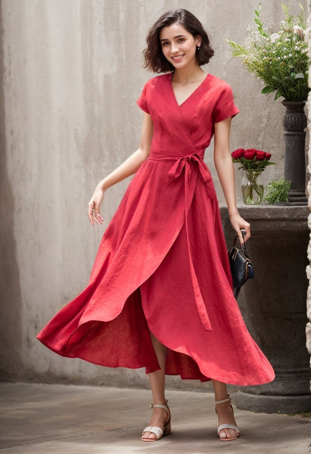 Wrap – Linen Wrap Dress with Short Sleeves