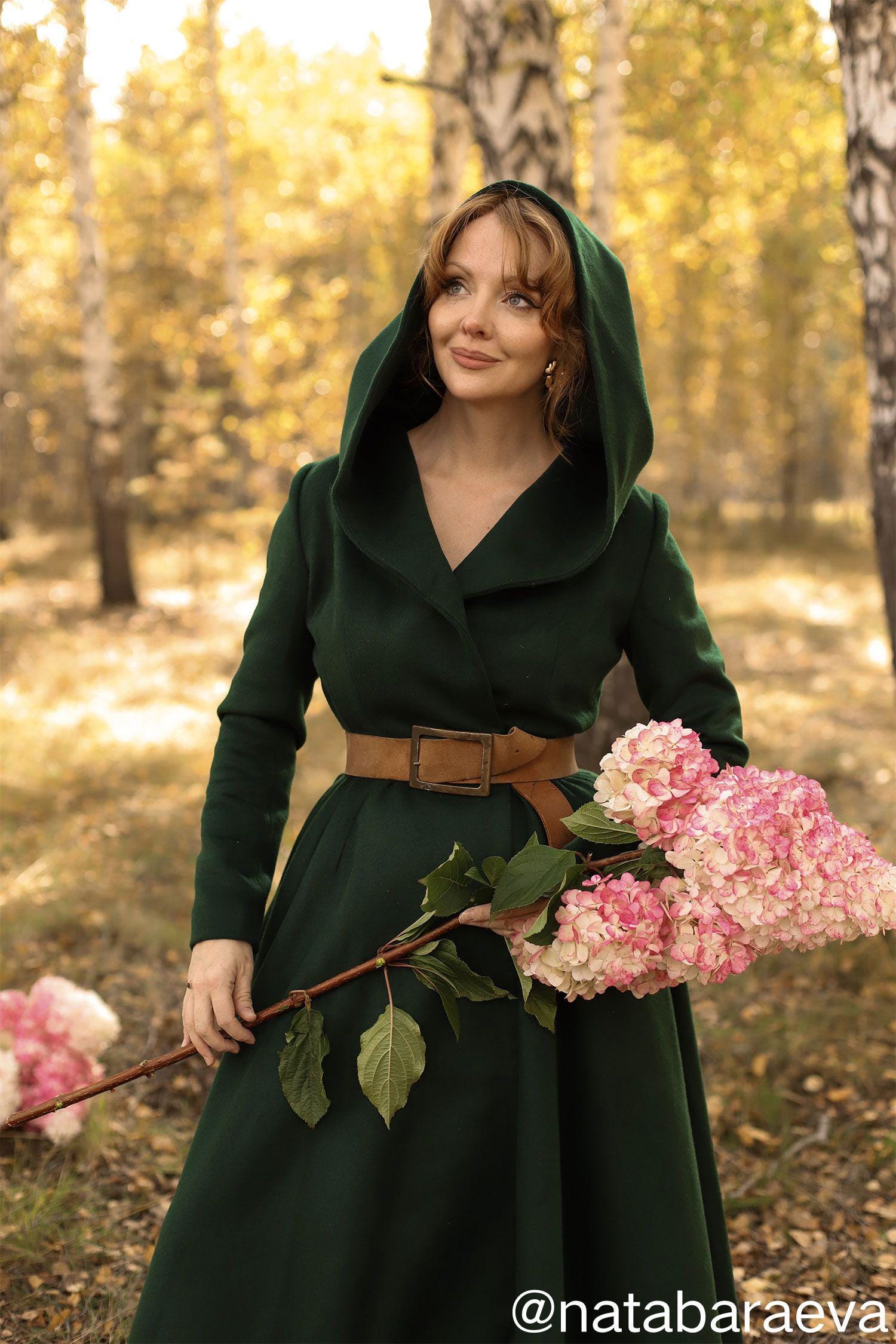Green Hooded Wool Coat: Oversize Fit & Flare Winter Outerwear
