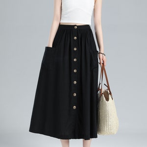 Elastic Waist Button Front Linen Midi Skirt, Pleated Swing Maxi Skirt ...