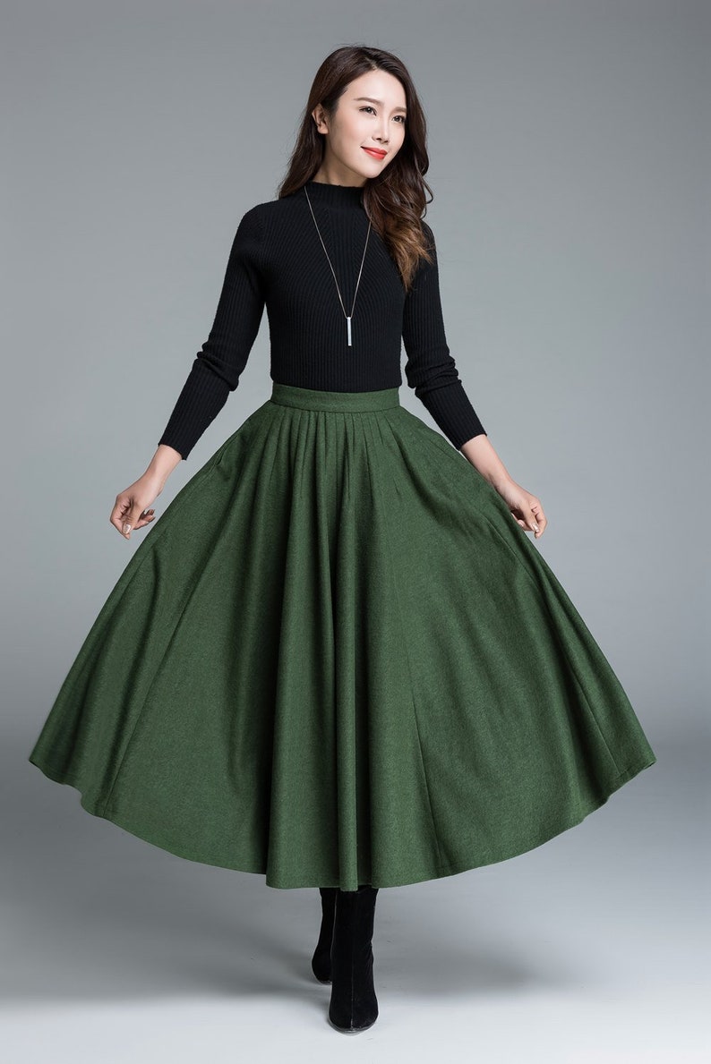 50s Green Long Wool Skirt, Wool Circle Skirt, Vintage Inspired Pleated Long Skirt, High Waist Skirt, Swing Skirt, Autumn Winter skirt 1641 image 2