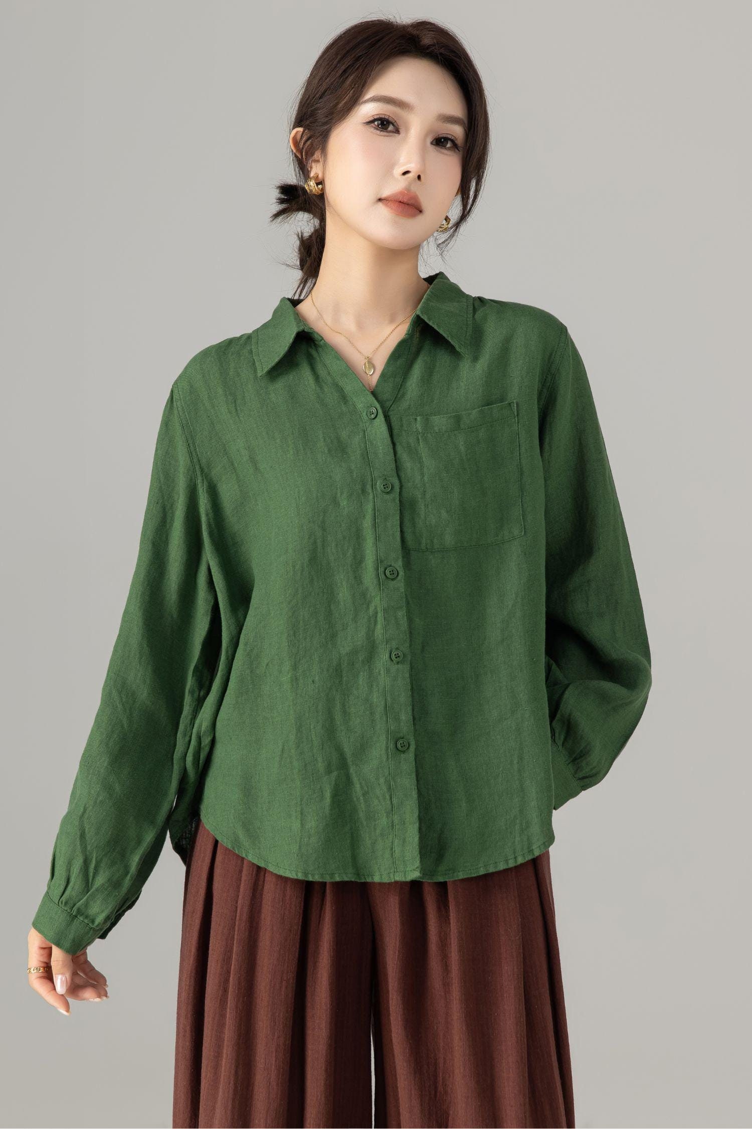 Loose Fit Green Linen Shirt for Women 5698 Loose Fit Green Linen Shirt for Women 5698