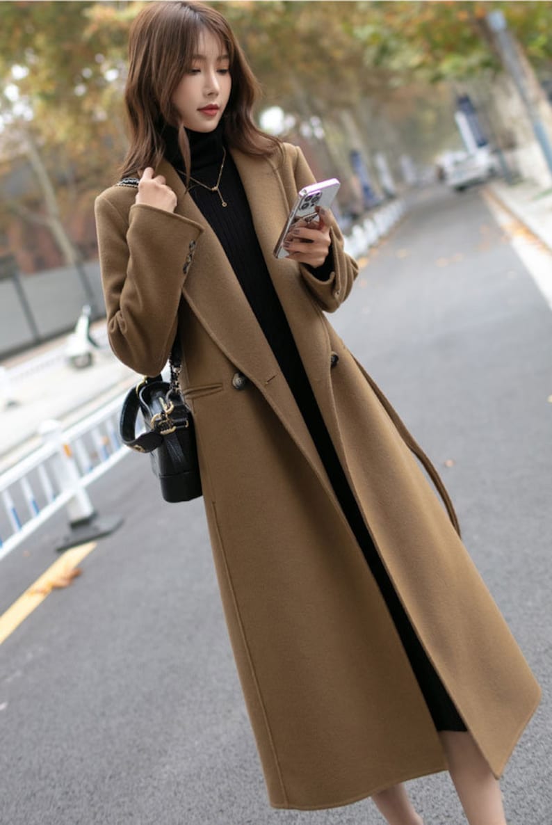 Long Woolen Coat Brown Classic Lapel Design