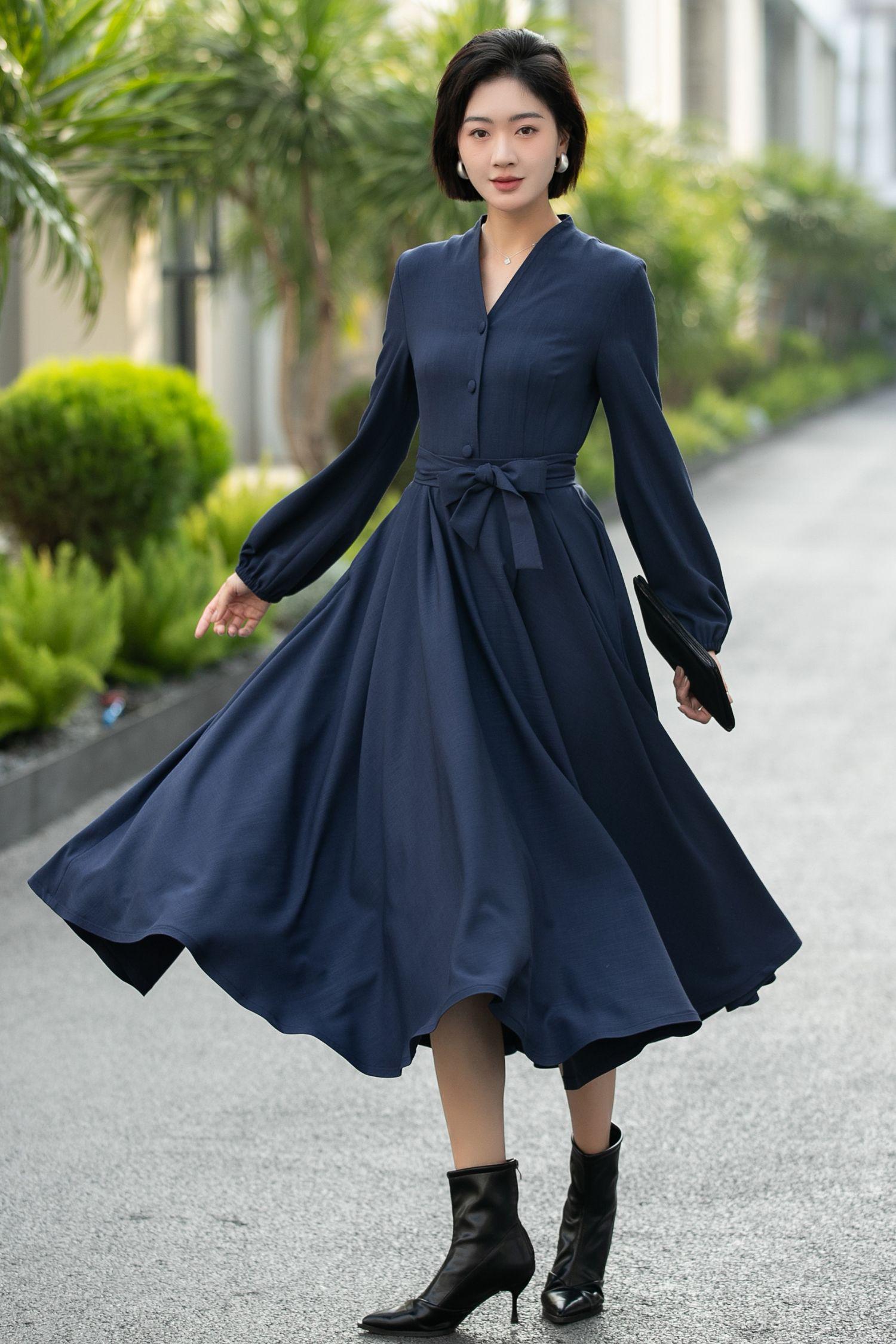 Navy Blue Long Sleeve Midi Shirt Swing Dress, Custom, Xiaolizi