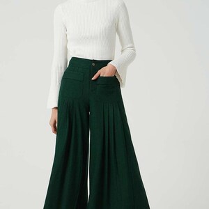 Black pants, wool pants, wide leg pants, maxi pants, winter pants, pockets pants, pleated pants, women pants, handmade pants, pants 1997 Green-2070