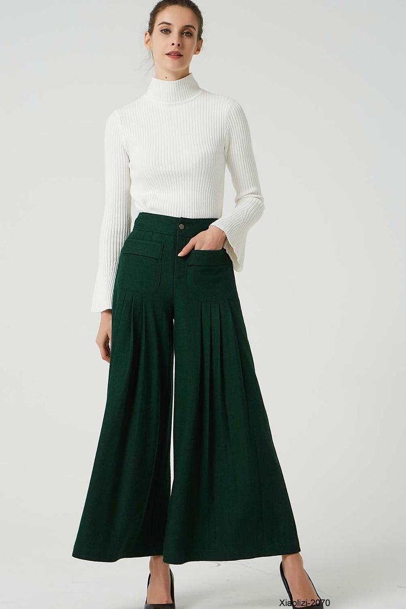 Black pants, wool pants, wide leg pants, maxi pants, winter pants, pockets pants, pleated pants, women pants, handmade pants, pants 1997 Green-2070