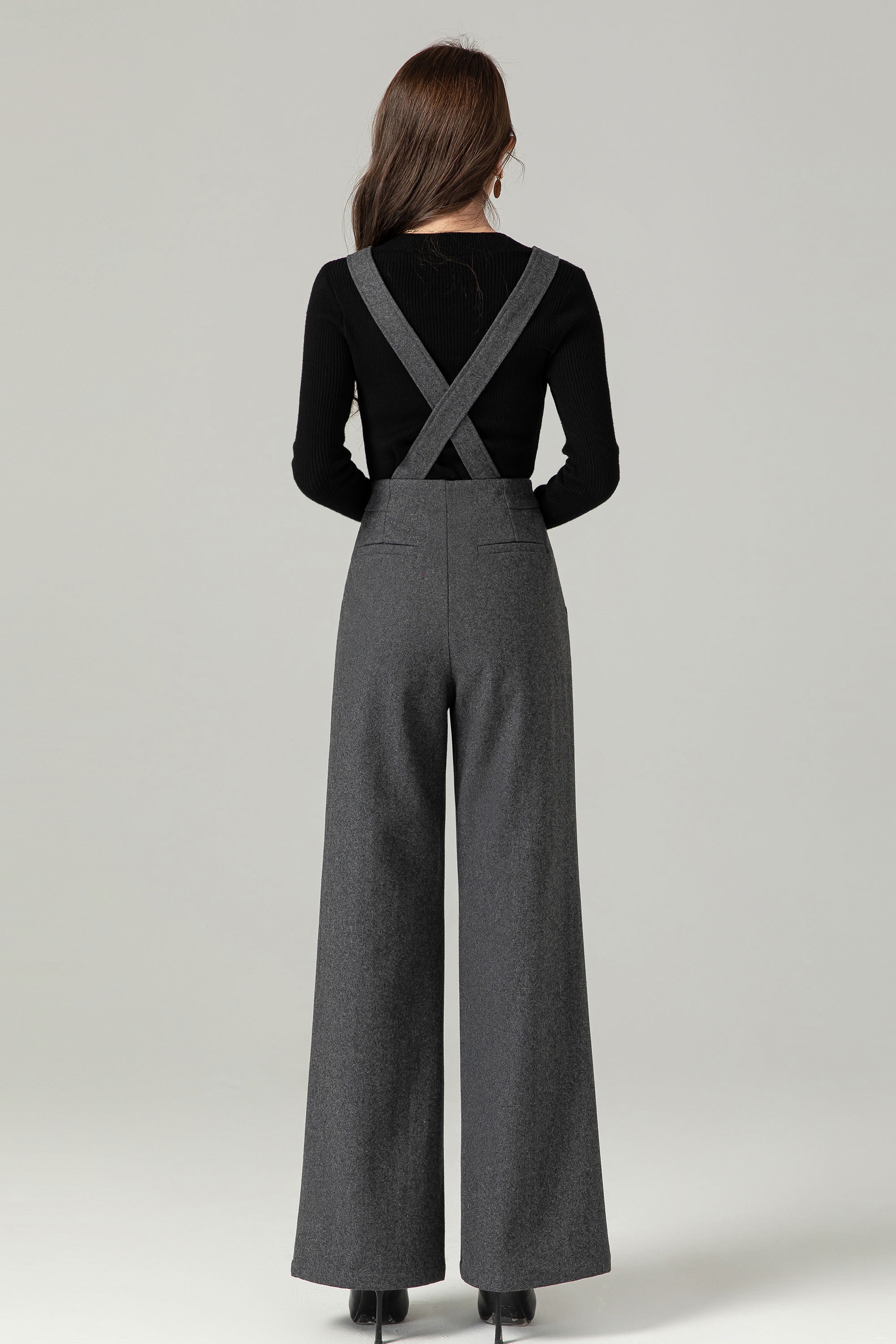 Gray Suspender Wool Pants Women, Autumn Winter Straight-leg Gray Suspender Wool Pants Women, Autumn Winter Straight-leg
