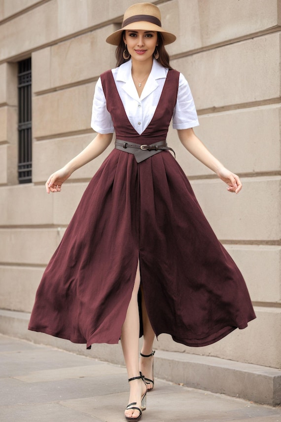 Burgundy Linen Pinafore Dress, Womens Summer Long Linen Dress