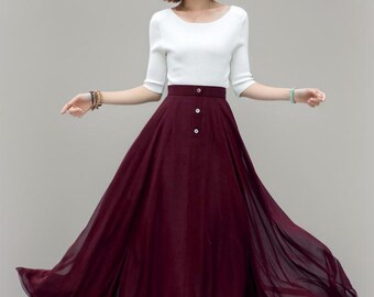 Office Wear Skirt, Burgundy Chiffon Maxi Skirt, A Line Long Office Wear Skirt, Burgundy Chiffon Maxi Skirt, A Line Long