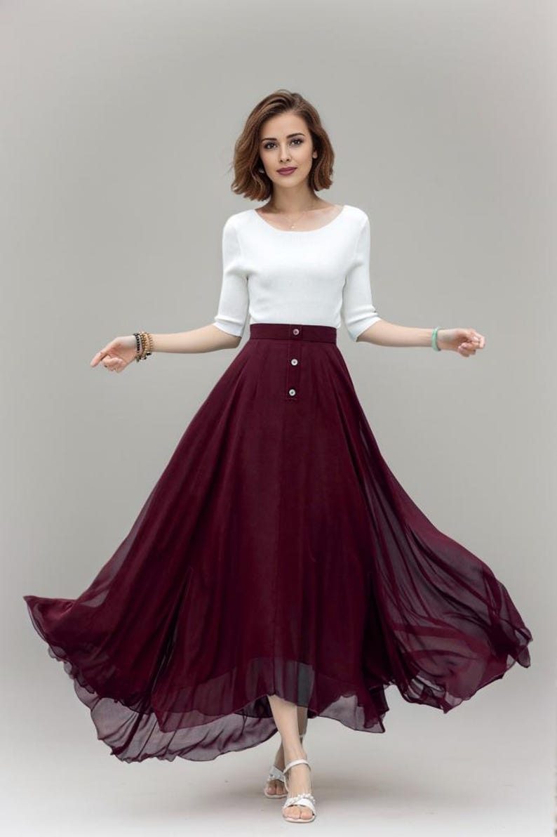 Office wear skirt, Burgundy Chiffon Maxi Skirt, A Line Long swing Skirt, Summer Womens Flare Skirt, Custom Skirt, Xiaolizi 5220 image 2