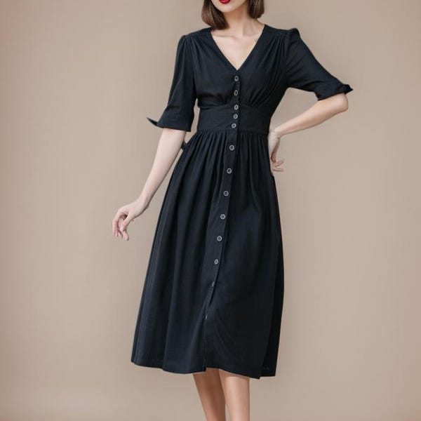 Linen Dress, Long Linen Dress, Black Midi Linen Dress, Womens Linen Dress, Summer Dress, V- neck Linen Dress, Custom dress, Xiaolizi 5618