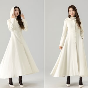 Hooded wool coat, Wedding Wool coat, White wool coat, Womens Winter wool coat, Maxi coat, White Long wool coat, Wool Princess Coat 4519#