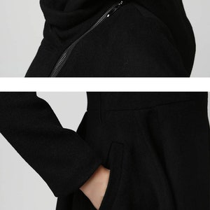 Black Winter Hooded Wool Coat Women, Asymmetrical Midi Wool Coat, Full ...